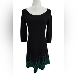 Nine West Black Green Knit SweaterDress S Fit & Flare Scoop Neck Retro Geometric